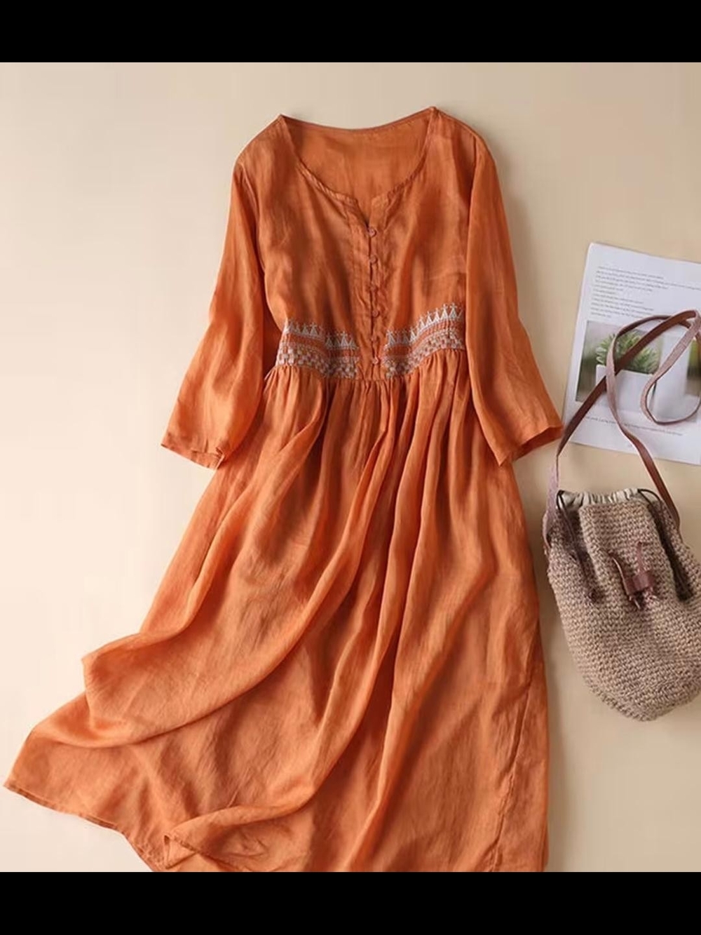 Women's Orange Embroidered Waist Midi Dress